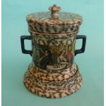 (Potlid pot lid Prattware) A black mottled ground twin handled tobacco jar, cover and stand: The