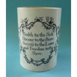 (Commemorative anti-slavery slave) A creamware mug the slender cylindrical body set with a plain