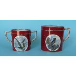 (Potlid pot lid Prattware) A loving cup, 104mm and a mug both with bird subjects and restored (2)