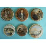 (Staffordshire Pot lid potlid Prattware) Three large lids and three defective lids being two Pegwell