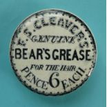 (Pot lid potlid Prattware advertising) F.S. Cleaver’s Genuine Bears Grease for the hair, pence 6