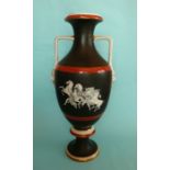 (Potlid pot lid Prattware) A good slender twin handled vase with classical scenes on a matt black