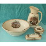 (Potlid pot lid Prattware) A set comprising jug, wash basin, soap dish with liner and cover and a