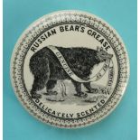 (Pot lid potlid Prattware advertising) Russian Bears Grease, genuine as imported, delicately