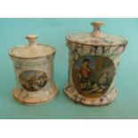 (Potlid pot lid Prattware) A small black marbled tobacco jar and cover: Rhineland Scene (408) and