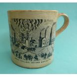 (Commemorative) Coal Mining: a rare cylindrical pottery mug printed in black with scenes inscribed
