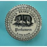 (Pot lid potlid Prattware advertising) Patey’s Bears Grease Perfumers, London, 69mm, hairline