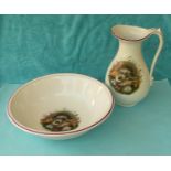 (Potlid pot lid Prattware) A good water jug and wash basin: Shells (52G) lined in puce, bowl 383mm