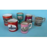 (Potlid pot lid Prattware) Five mugs and a chalice, 134mm, repaired (6)