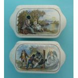 (Staffordshire Pot lid potlid Prattware) Uncle Tom and Eva (401) and Uncle Tom (402) both with bases