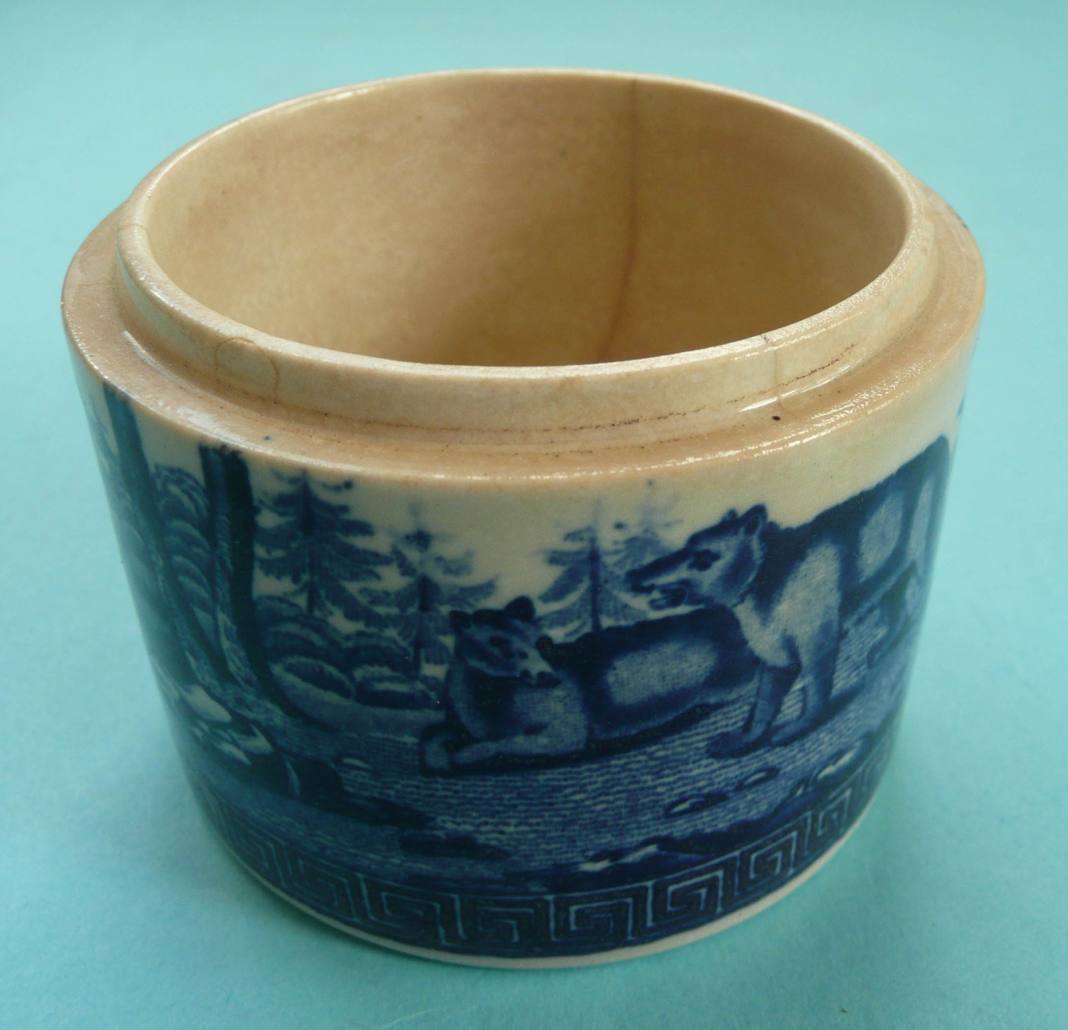 (Pot lid potlid Prattware advertising) A base printed in blue with bears in a wooded landscape, 70mm - Image 2 of 3