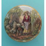 (Staffordshire Pot lid potlid Prattware) The Shepherdess (325) medium, pink flange with gilt rim
