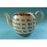 (Commemorative anti-slavery slave) A rare creamware teapot with moulded spout and handle painted