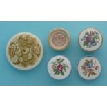 (Staffordshire Pot lid potlid Prattware) Three miniature floral lids, two with bases, a Piesse &