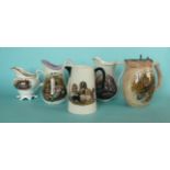 (Potlid pot lid Prattware) A tapering jug: Seven Dogs (264D) restored chips, 150mm, two shell jugs