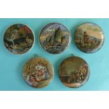 (Staffordshire Pot lid potlid Prattware) Three Pegwell Bay series lids and two others (5)