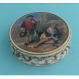 (Staffordshire Pot lid potlid Prattware) Peasant Boys (348) black marbled border heightened and line