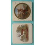 (Potlid pot lid Prattware) An unusual square plaque depicting a stag in rural setting, circa 1860,