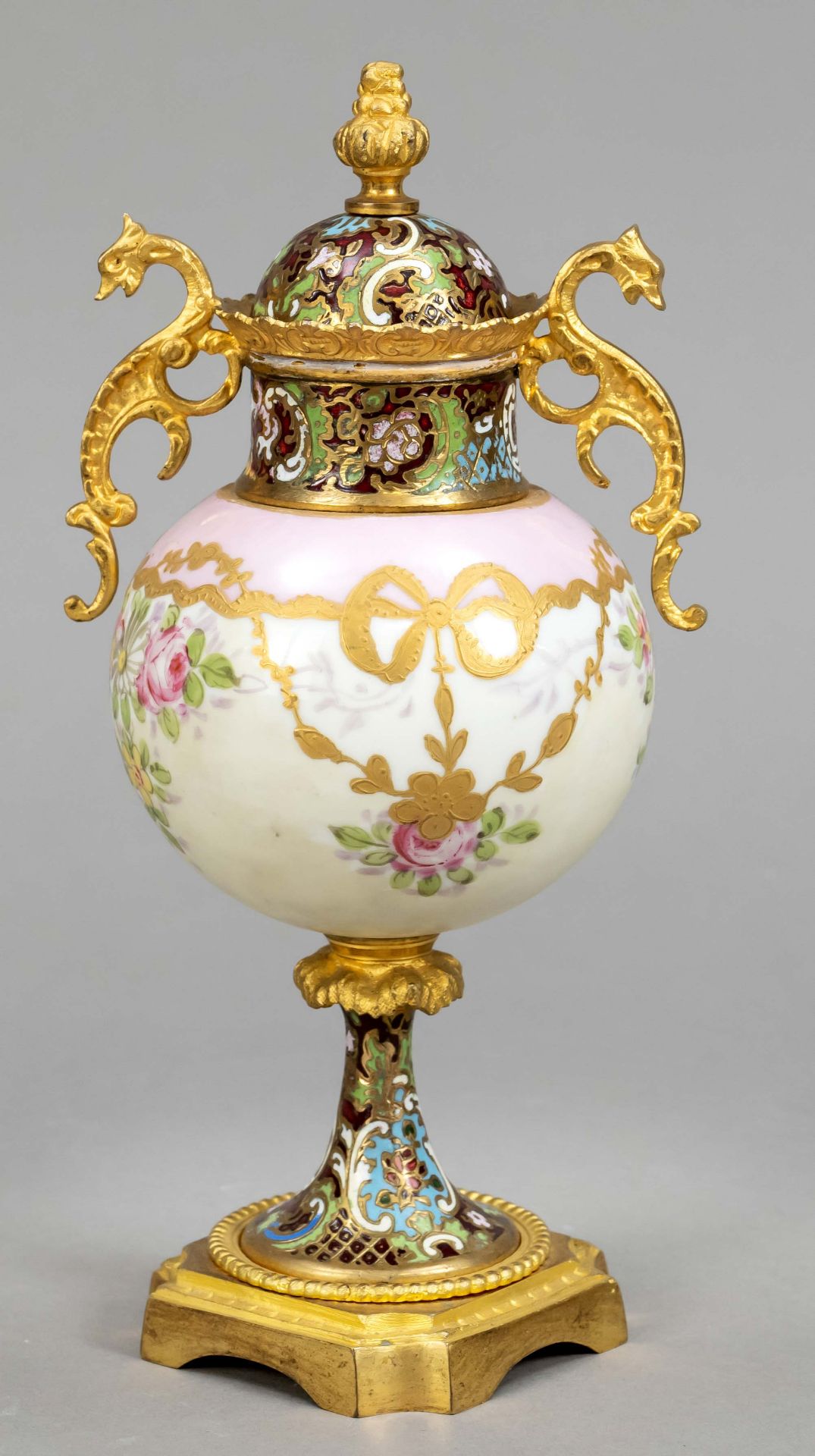 Lidded vase, France, end of 19th century, spherical body with polychrome painting, signed, - Image 2 of 2