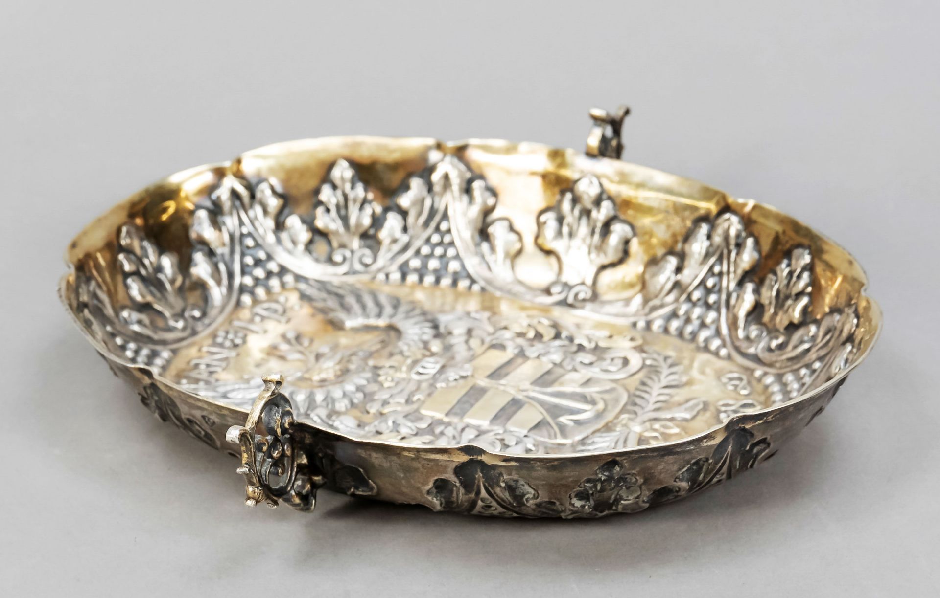 Oval bowl, late 17th century, silver hallmarked, partly gilded, of curved form, the sides with - Image 2 of 2