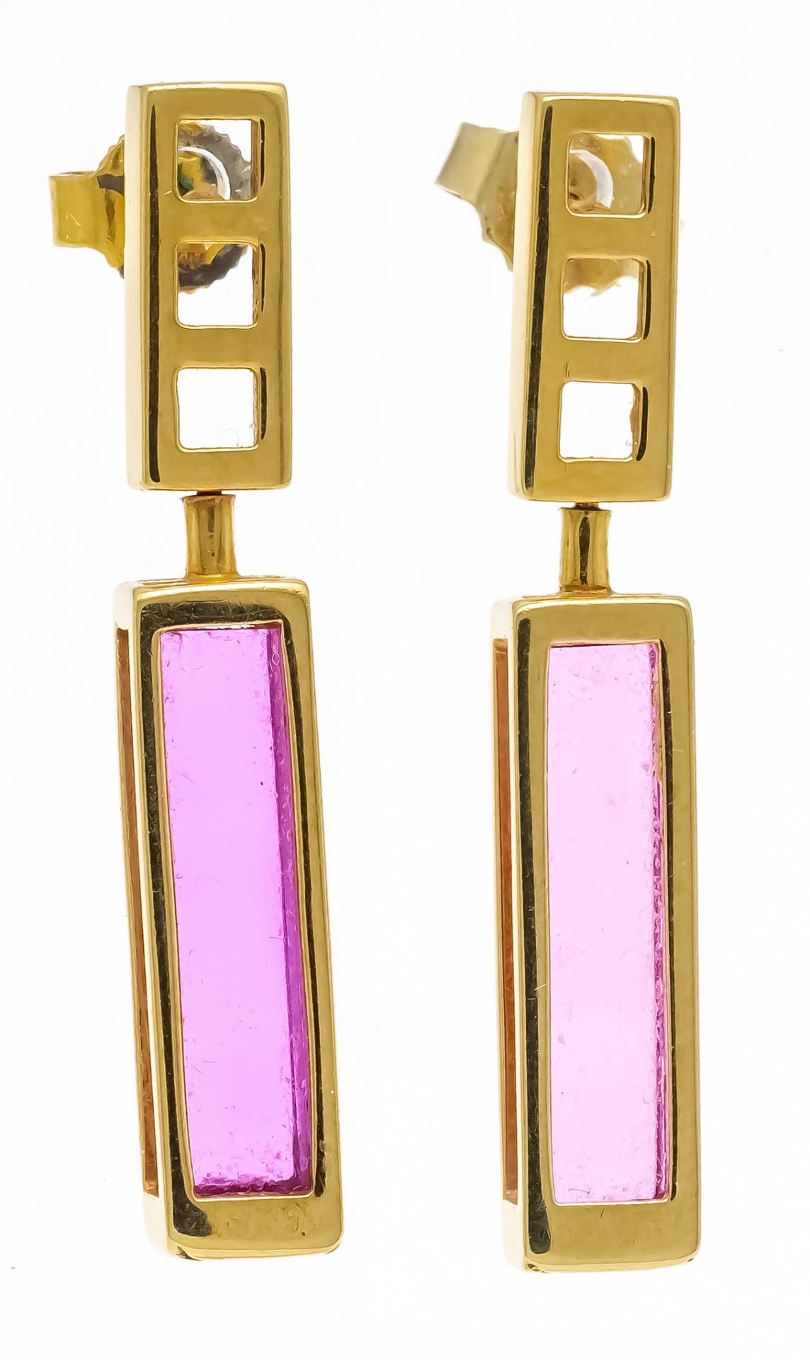 Designer ear studs GG 750/000 unstamped, tested, with 2 cuboid faceted pink gemstones 18 x 4 x 4 mm,