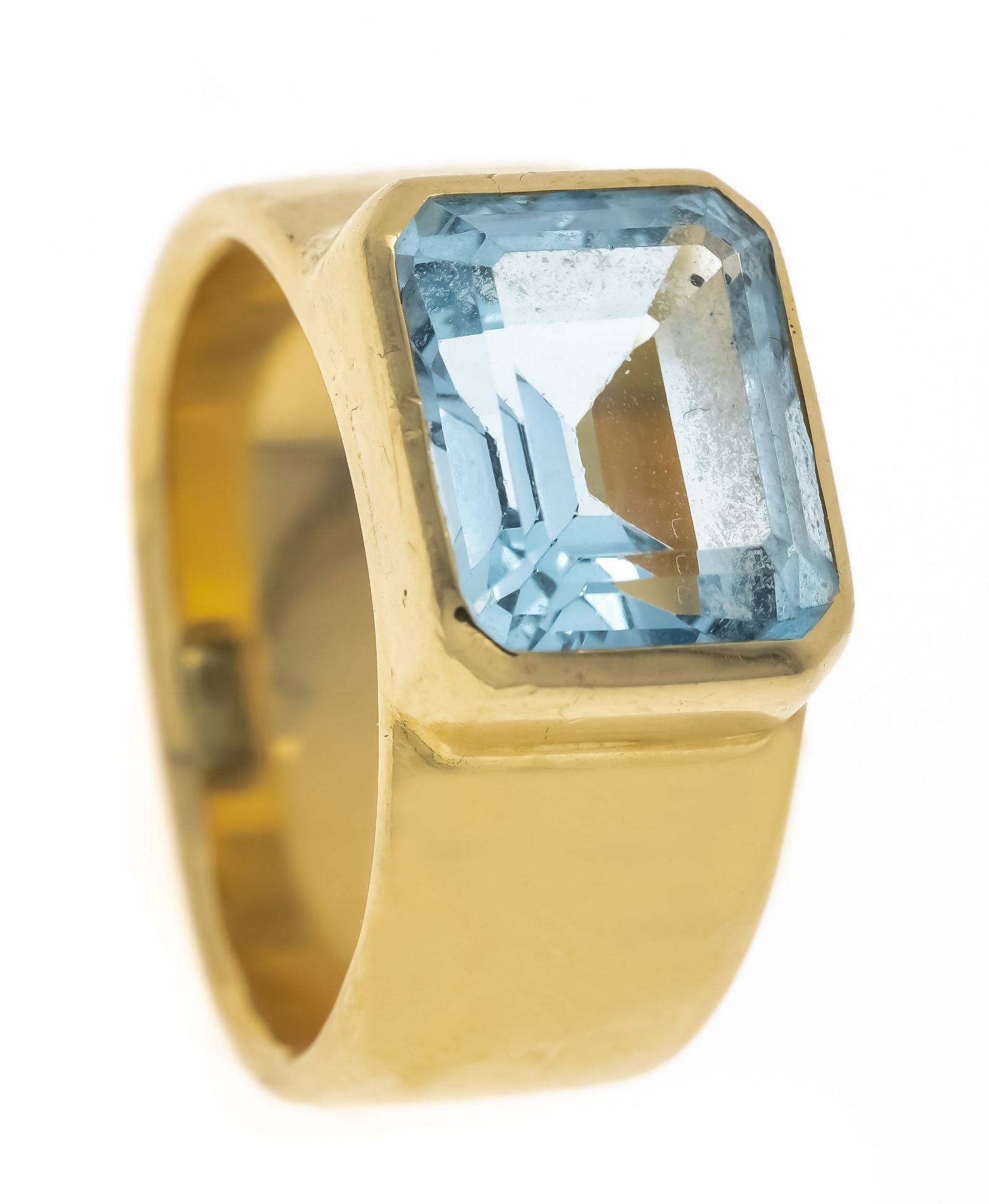 Blue topaz ring GG 750/000 with one emerald cut faceted blue topaz 12,2 x 10,0 mm, RG 62, 18,6 g