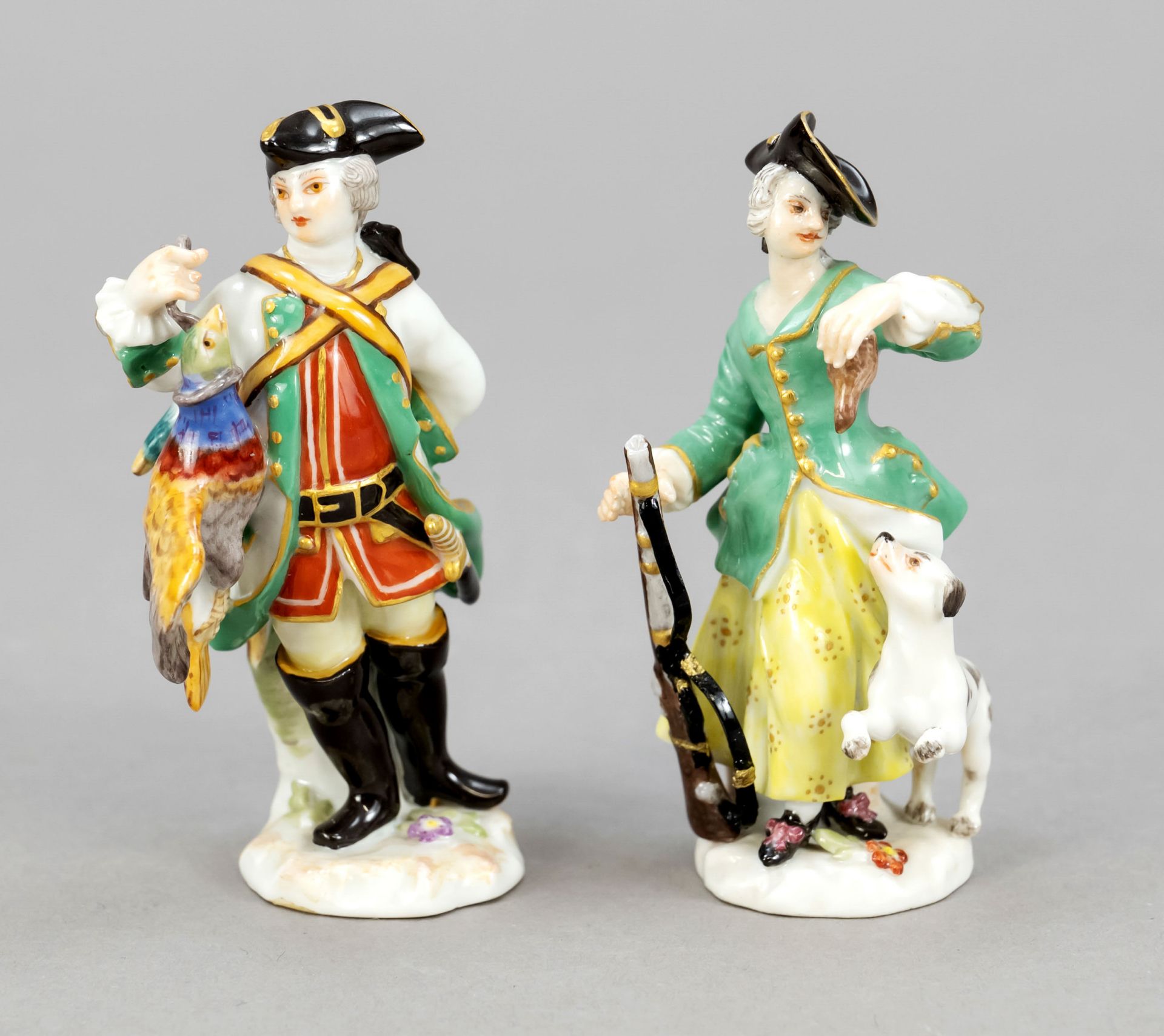 Couple of hunters in miniature, Meissen, after 1973, 1st choice, based on designs by Johann