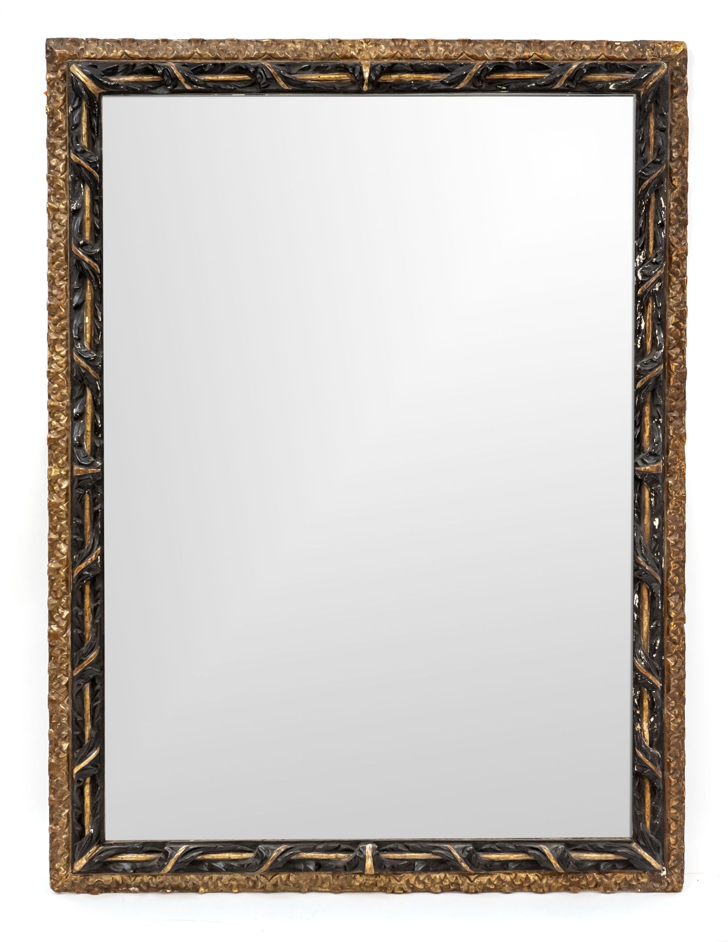 Large dressing mirror, frame Italy 17th century, wood carved, ebonized and gilded, mirror with facet
