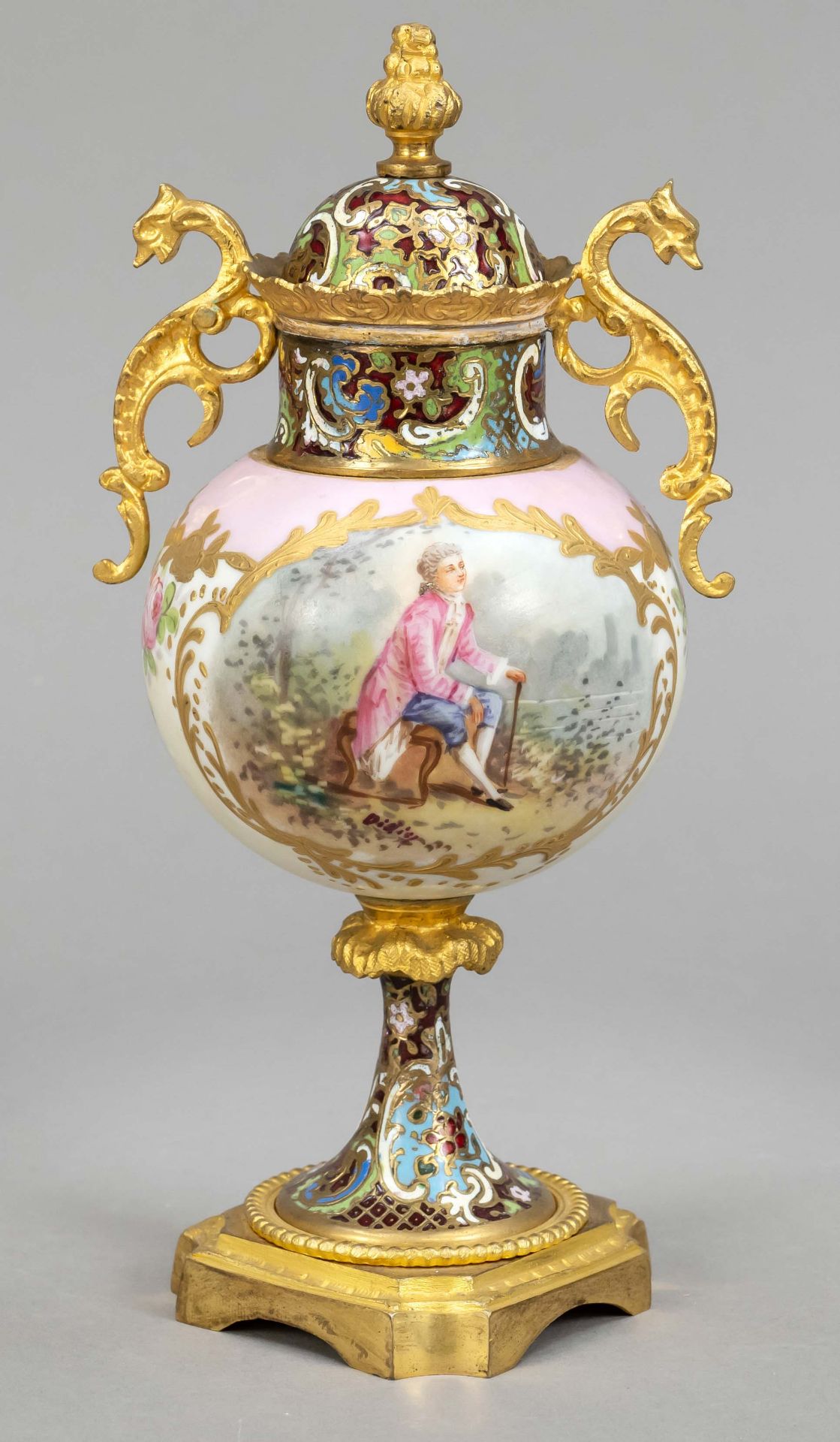 Lidded vase, France, end of 19th century, spherical body with polychrome painting, signed,