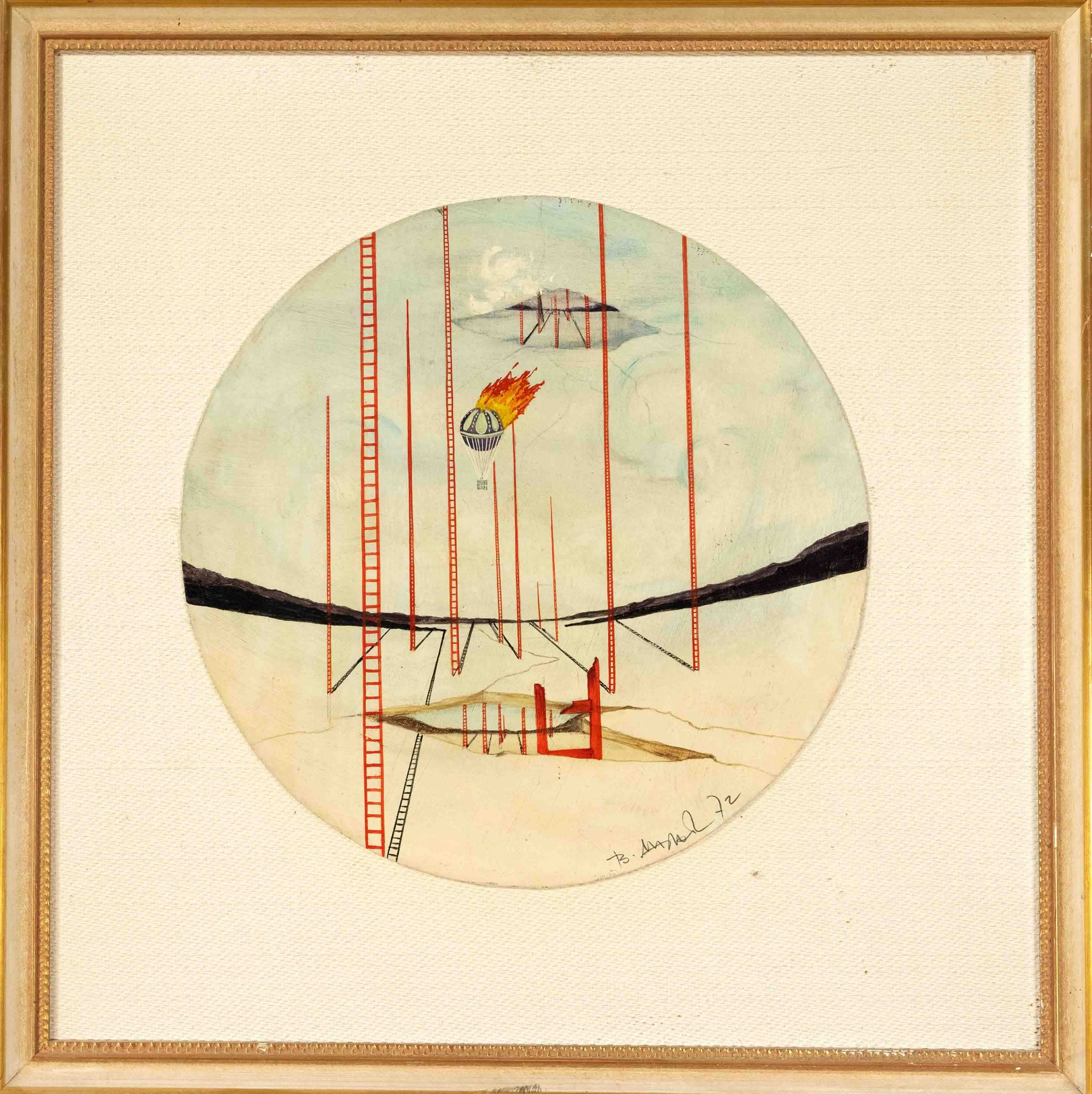 Unidentified surrealist 2nd h. 20th c., landscape with sky ladders and burning balloon, tondo, oil