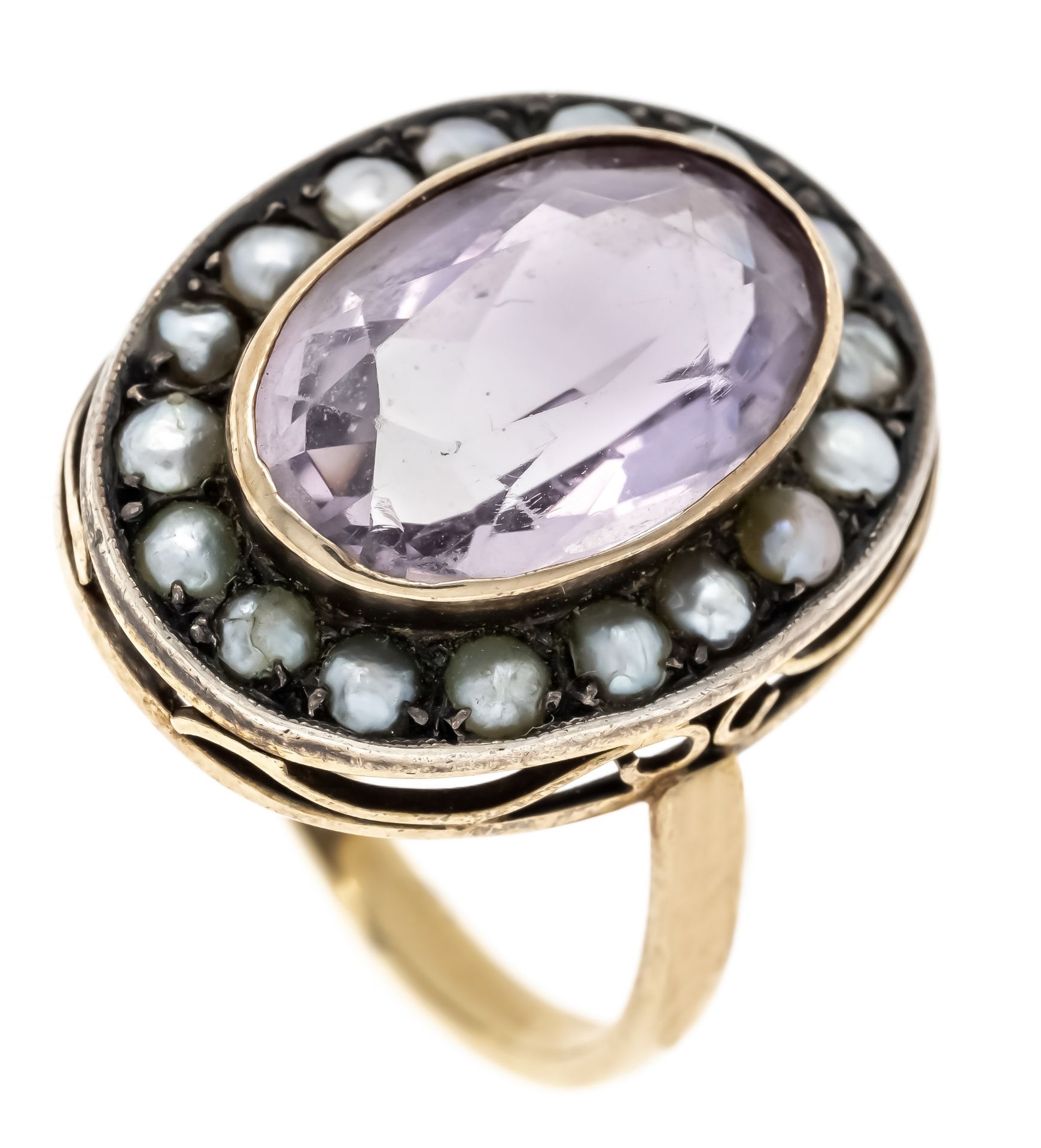 Amethyst bead ring GG 585/000 with one oval faceted amethyst 14 x 9,3 mm and silver gray half