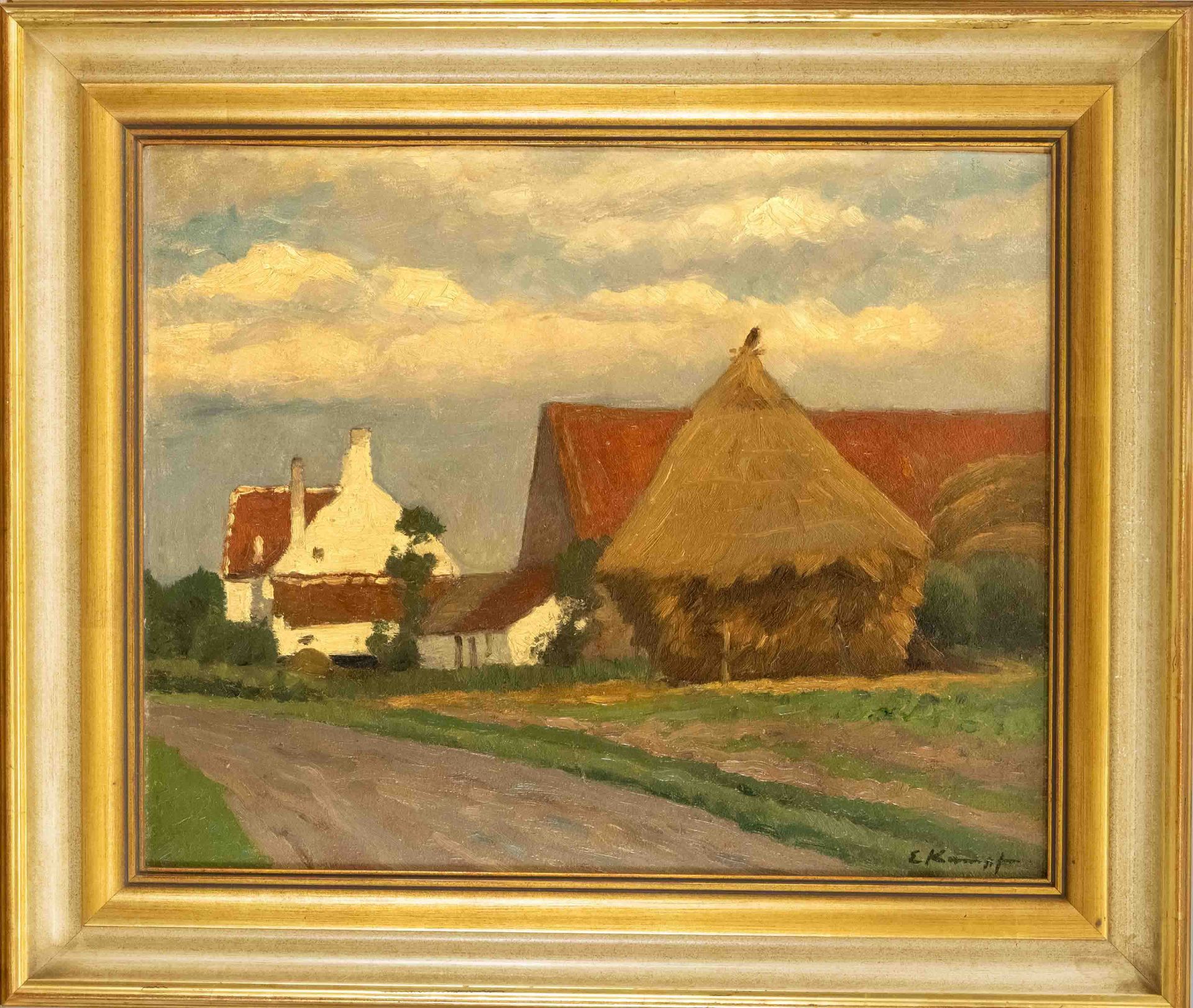 Eugen Kampf (1861-1933), painter of the Düsseldorf School. Flemish village, oil on cardboard, signed