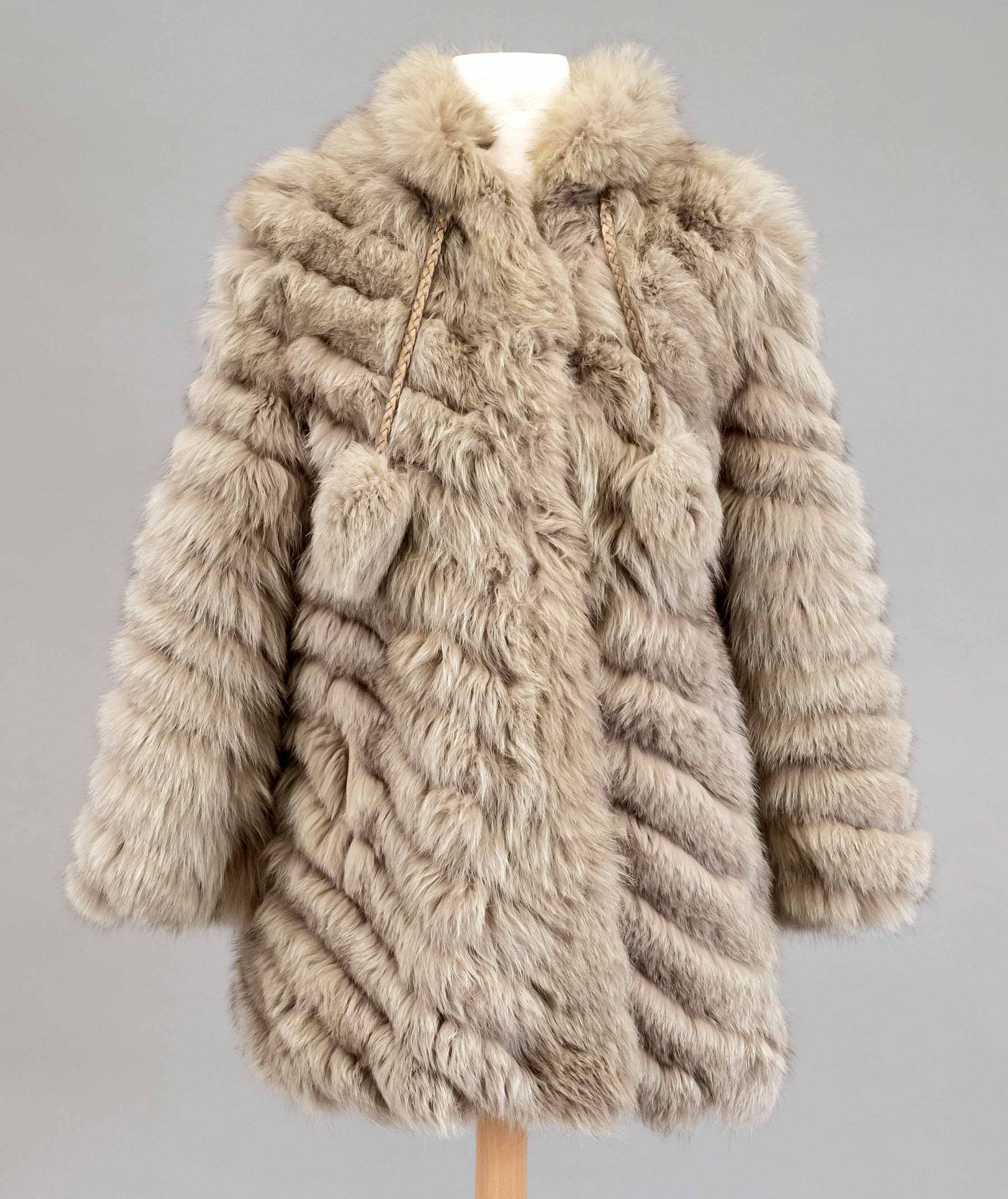 Gray ladies fox jacket, horizontal stripes, no name or size, light wear marks