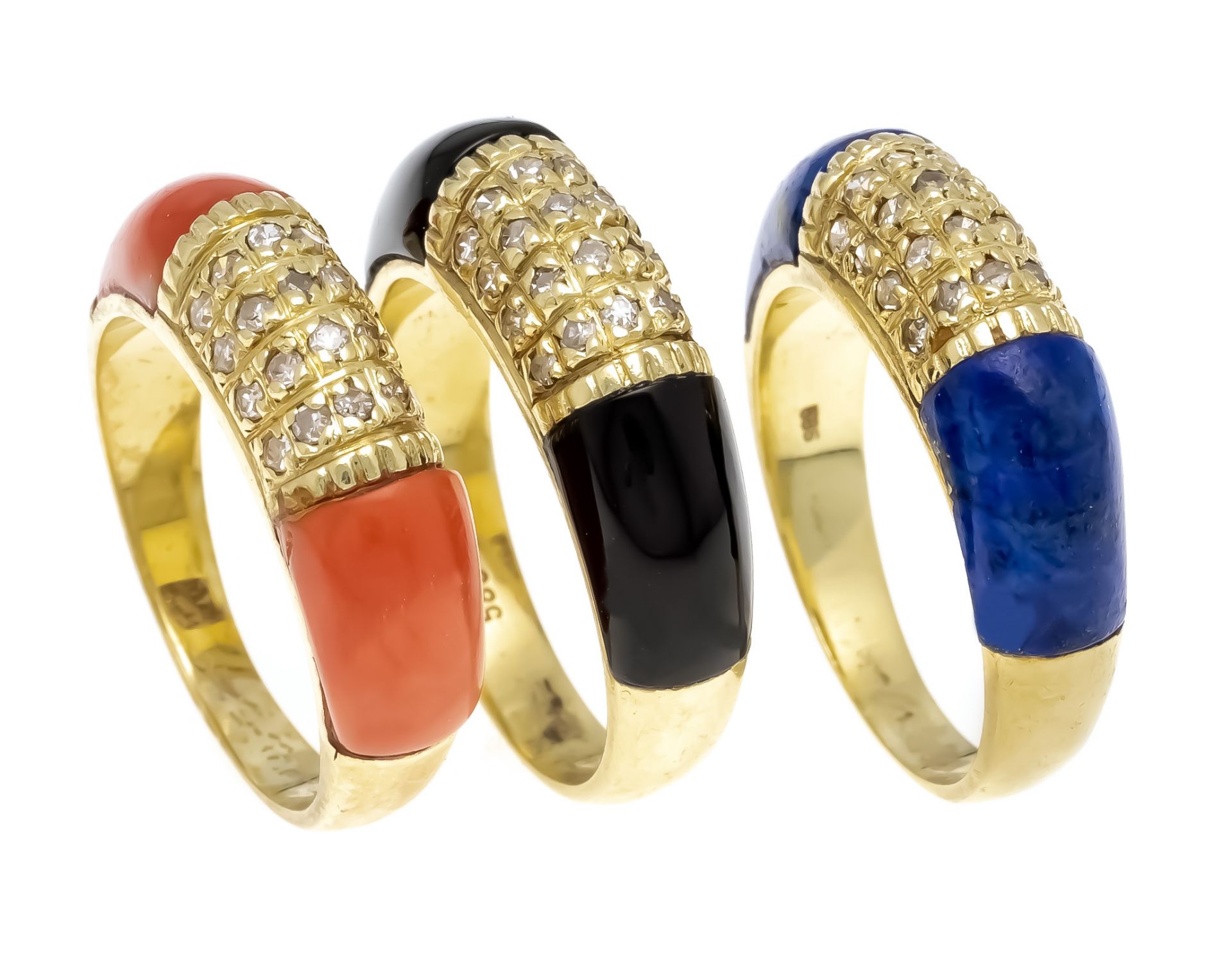 3-piece ring set GG 585/000 with lapis lazuli coral and onyx elements on the ring shoulders each