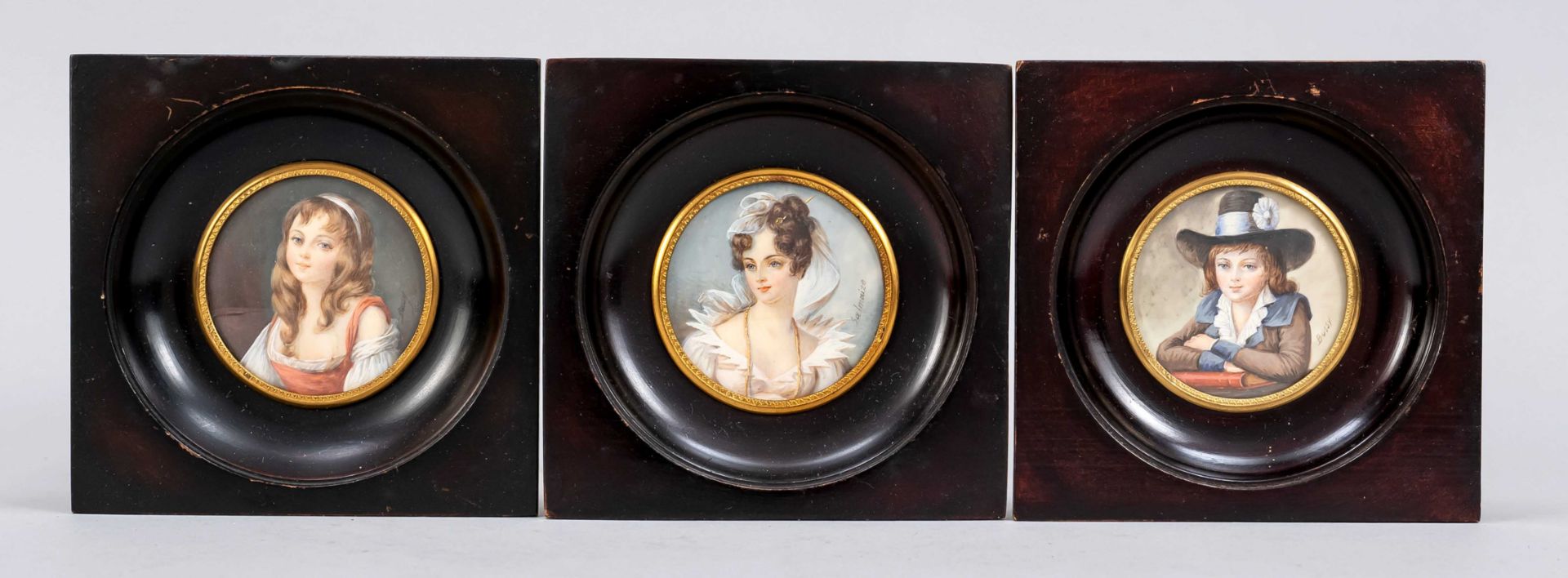 3 miniatures, 19th/20th c., polychrome on bone plate, with partly gilded brass cuffs in ebonized
