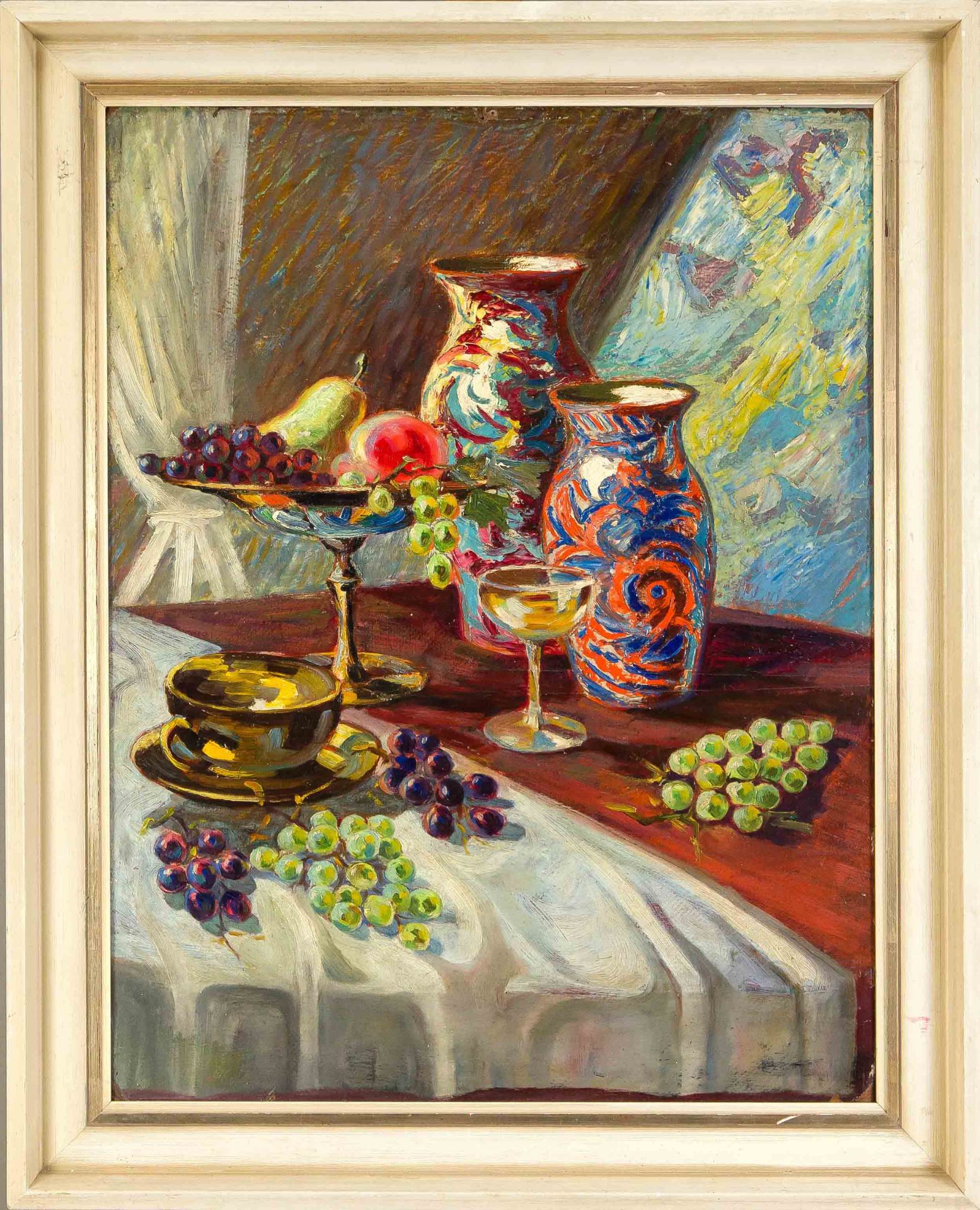 Anonymous painter c. 1930, still life with grapes and two vases, oil on cardboard, unsigned, 63 x 49
