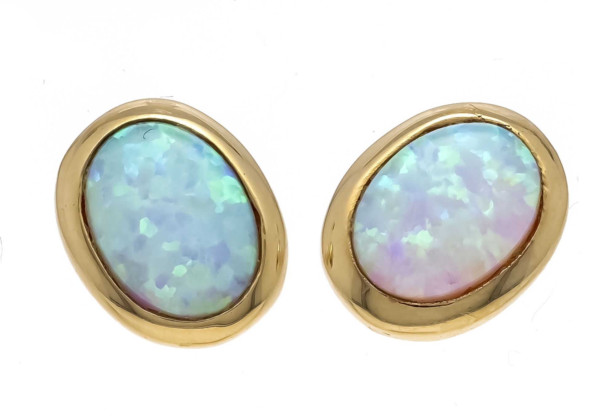 Opal stud earrings GG 585/000 with 2 oval milk opal cabochons 8 x 6 mm, l. 10 mm, 2,5 g