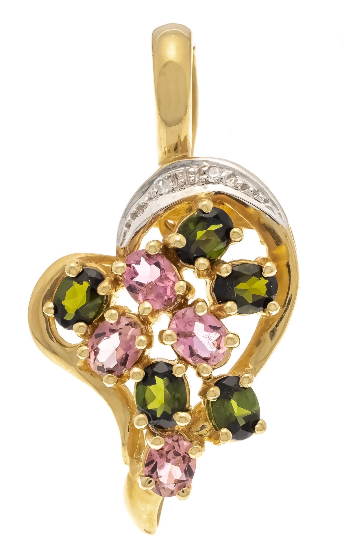 Tourmaline clip pendant GG/WG 585/000 with 5 green and 4 pink oval faceted tourmalines 4 x 3 mm,