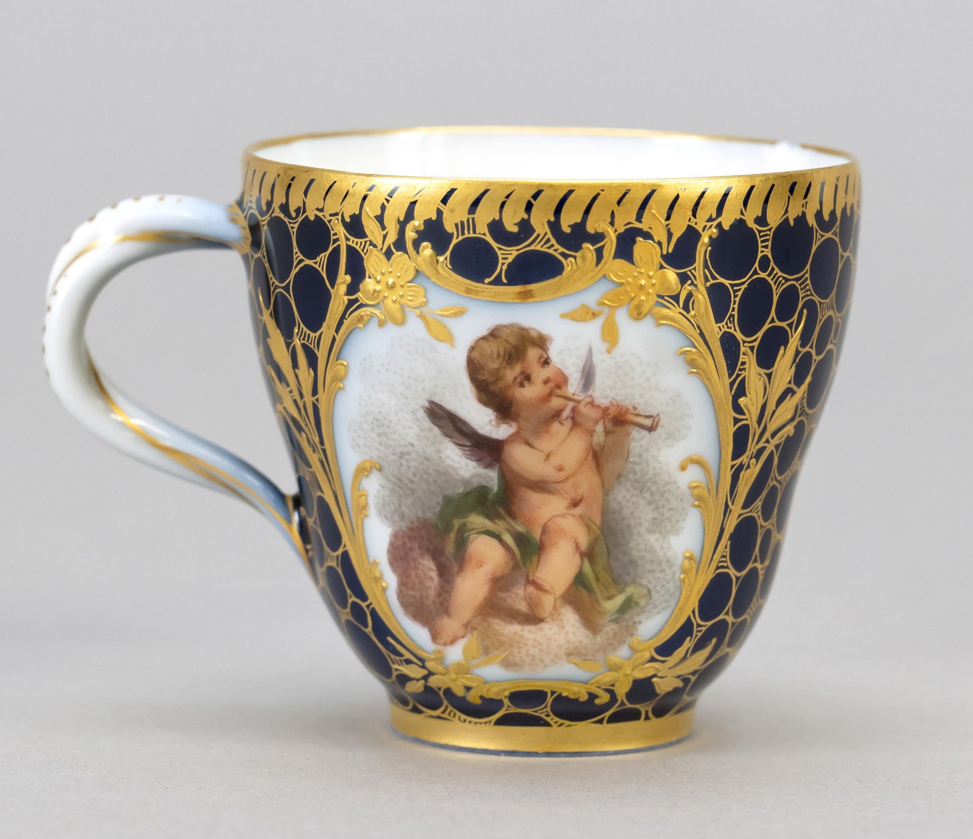 Demitasse with saucer, KPM Berlin, 19th c., 1st w., painter's mark, two-piece ear handle, polychrome - Image 4 of 4