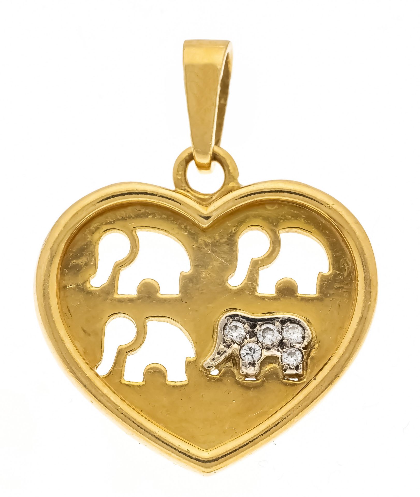 Heart pendant with elephants GG/WG 750/000 with 5 brilliant-cut diamonds, total 0,06 ct W/SI,