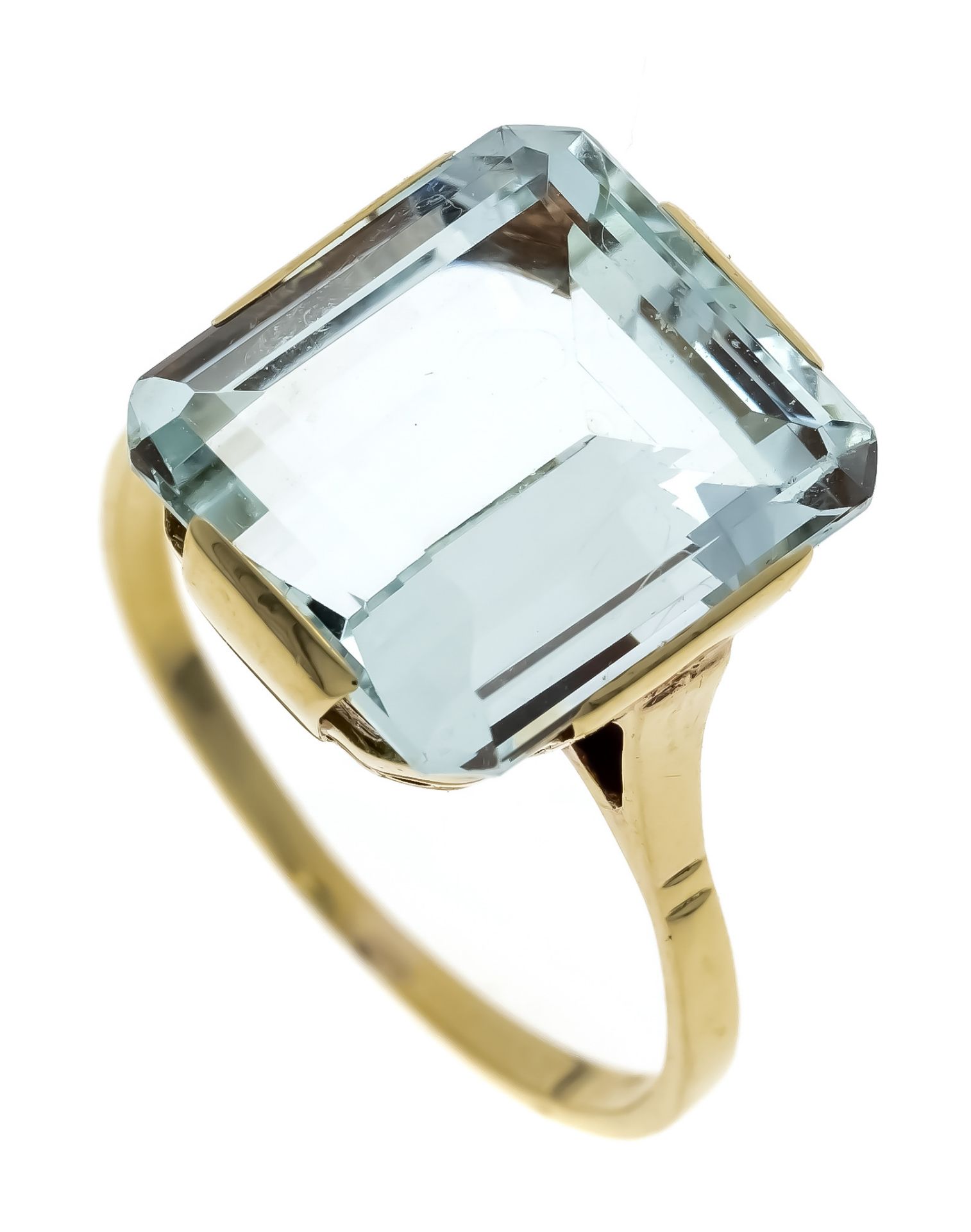 Aquamarine ring GG 585/000 unstamped, tested, with an emerald cut faceted aquamarine 12,8 x 11,5