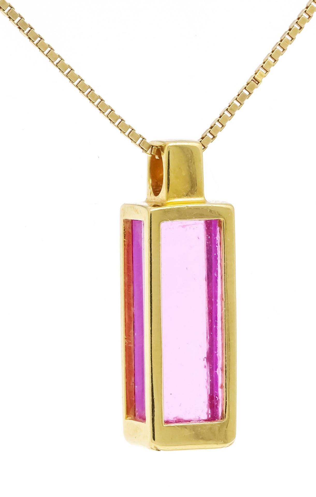 Designer pendant GG 750/000 with a cuboid faceted pink gemstone 17 x 5,5 x 5,5 mm, l. 25 mm, on