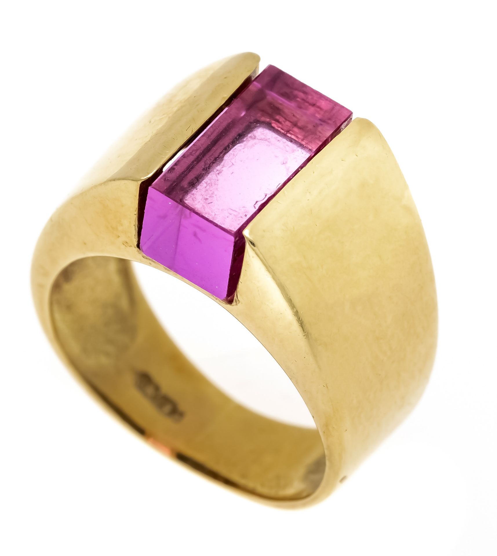 Designer ring GG 750/000 with a cuboid faceted pink gemstone 11 x 5.5 x 5.5 mm, RG 55, 8.5 g