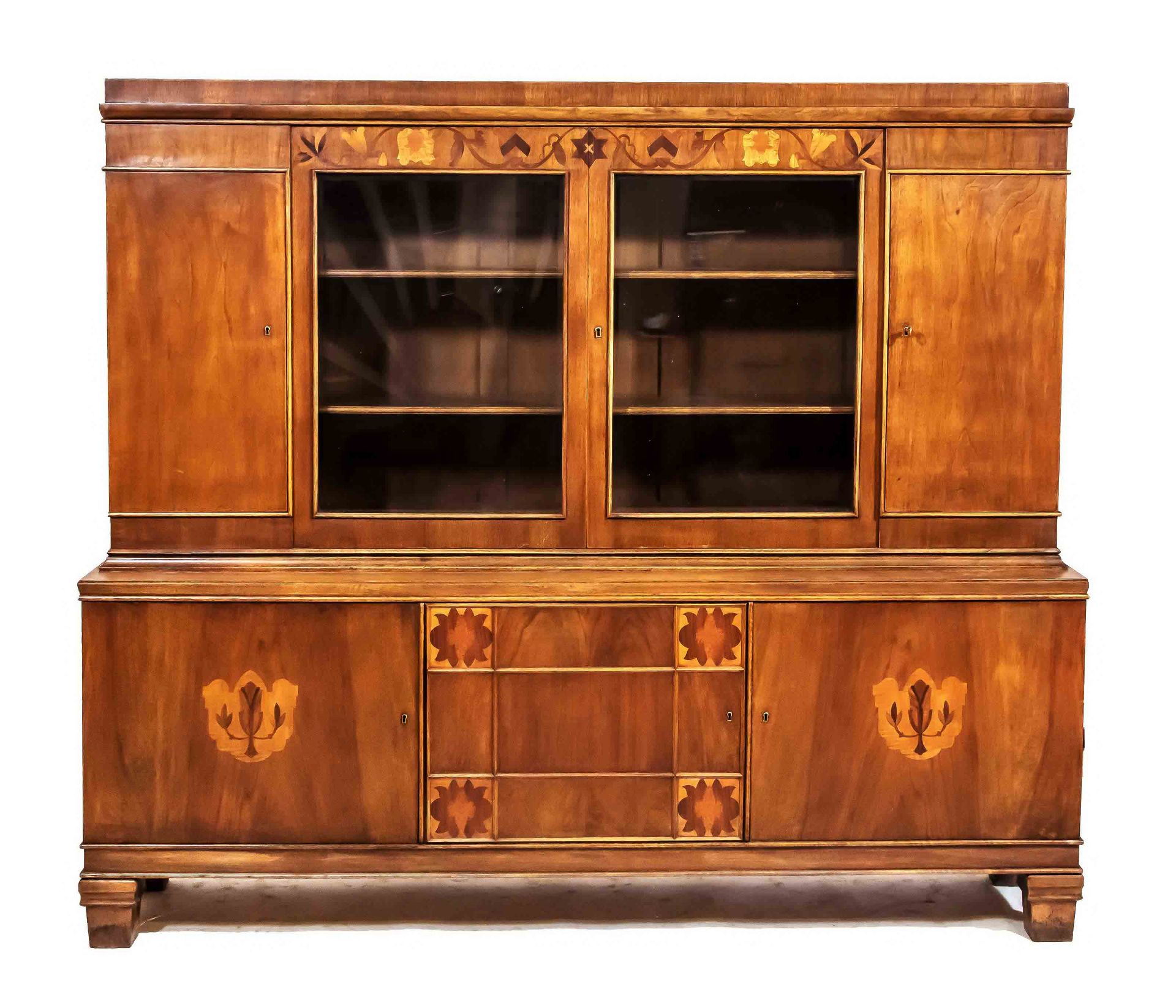 Art deco bookcase around 1920, walnut veneer, 176 x 201 x 49 cm.- The furniture can not be viewed in