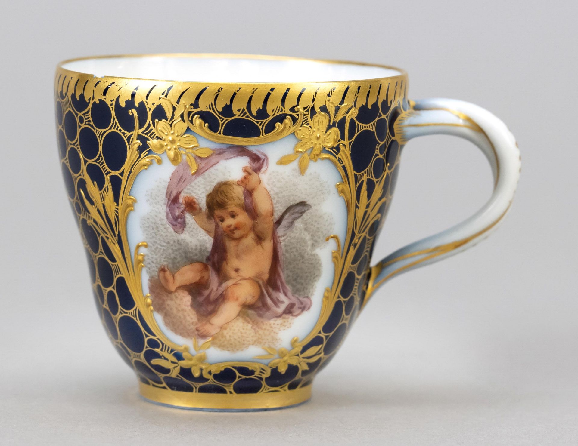 Demitasse with saucer, KPM Berlin, 19th c., 1st w., painter's mark, two-piece ear handle, polychrome - Image 3 of 4