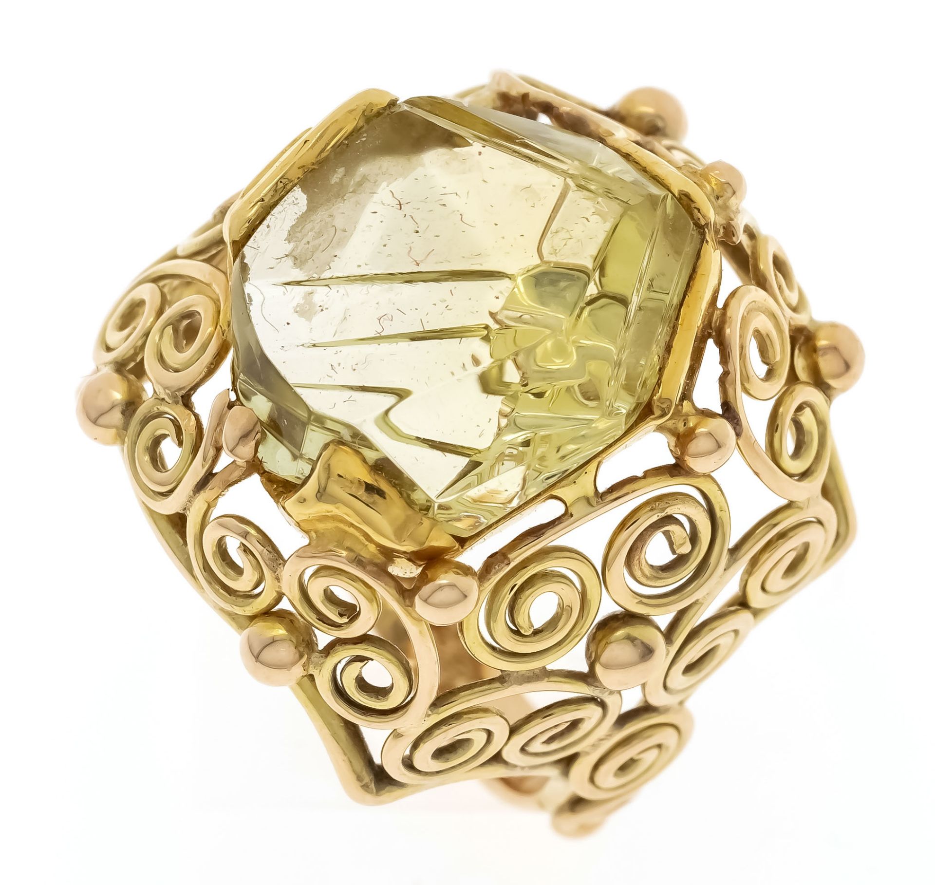 Gemstone ring GG 585/000 with a fantasy cut faceted yellow-green gemstone 13,5 x 12,5 mm, RG 51, 8,4