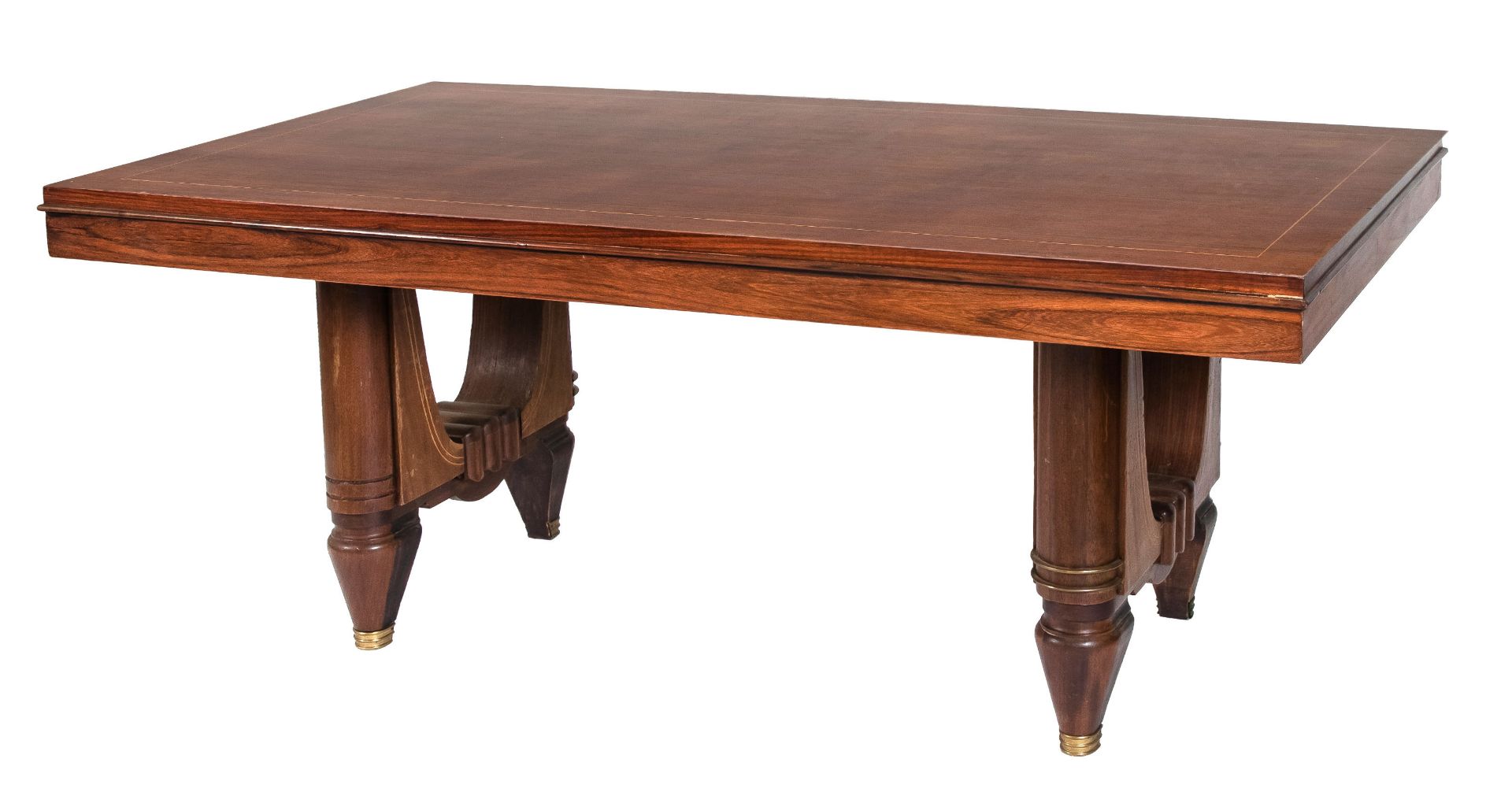 Table around 1900, rosewood with brass inlay, feet with brass, side pull-out drawers, 75 x 176 x