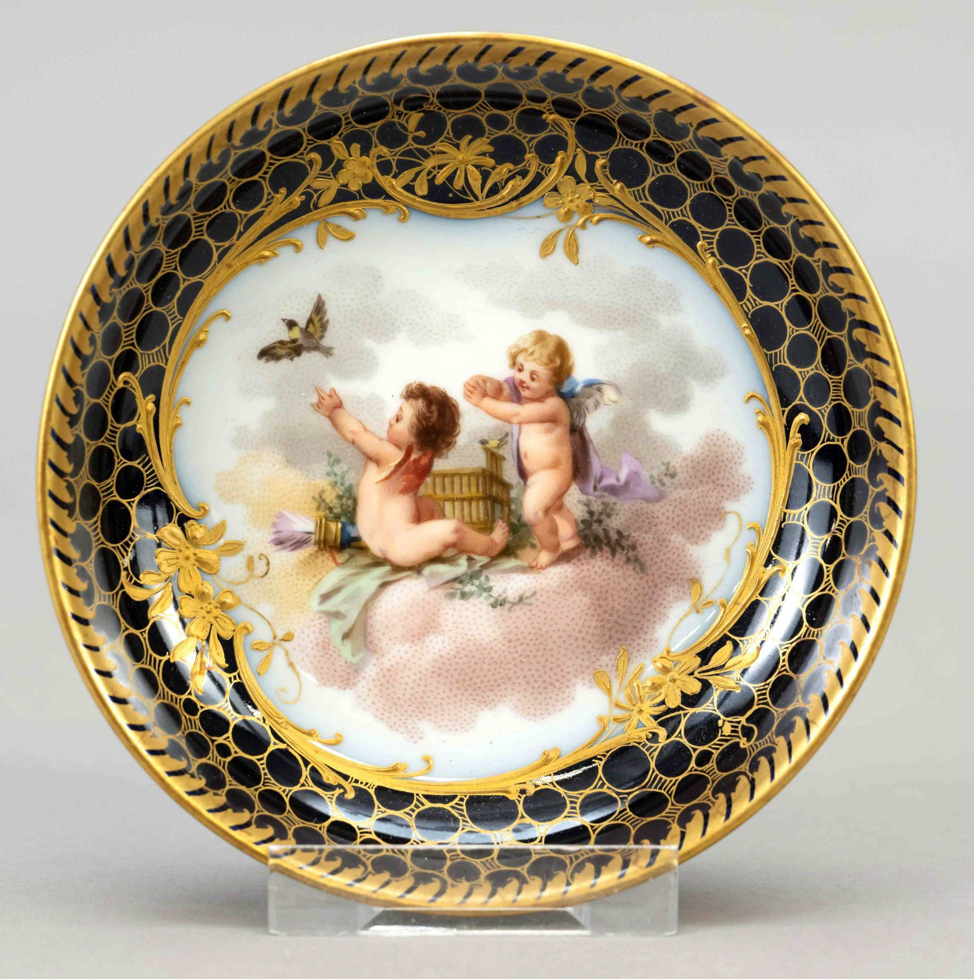 Demitasse with saucer, KPM Berlin, 19th c., 1st w., painter's mark, two-piece ear handle, polychrome - Image 2 of 4