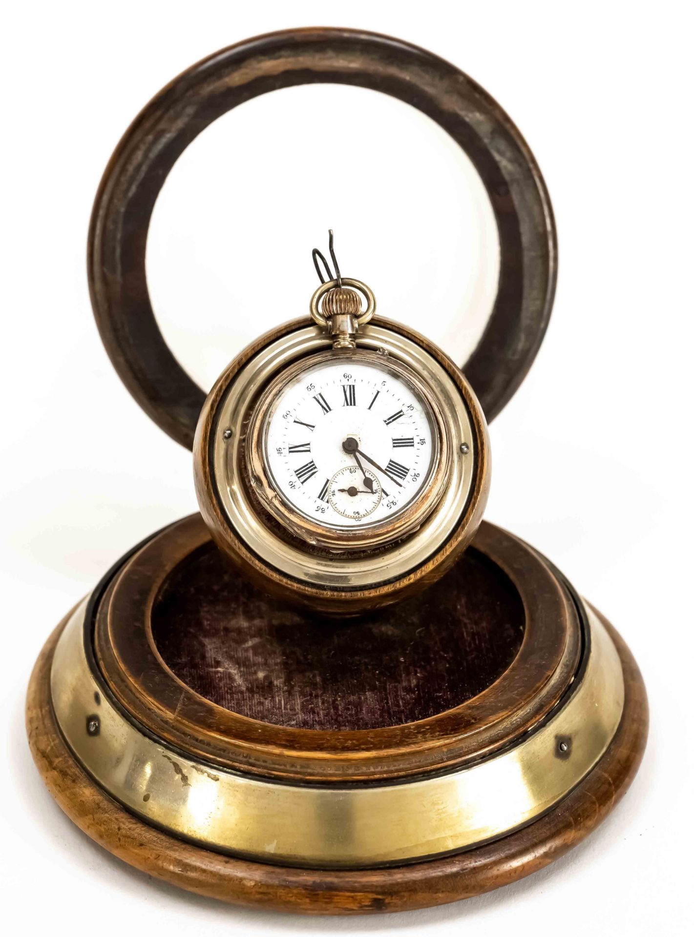 Pocket watch stand wood with glass dome and brass rim, wooden rim cracked at the back, men's - Image 2 of 2