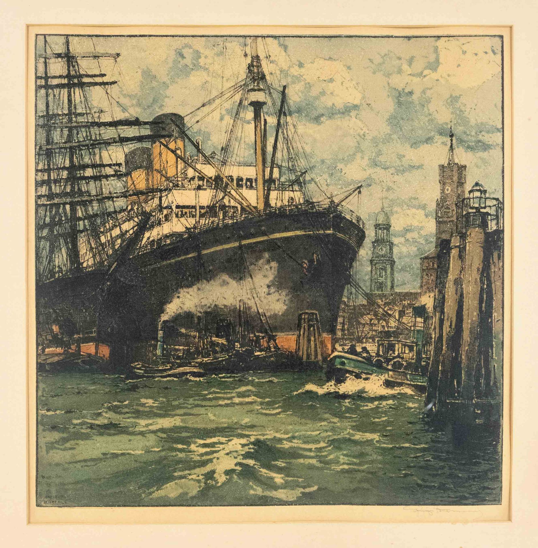 Luigi Kasimir (1881-1962), ''Hamburg Harbor with the S.S. Pittsburgh'', color aquatint, signed by